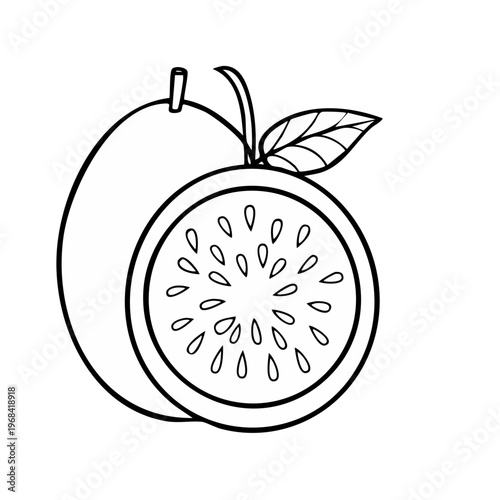 Outline of a whole passion fruit and a halved passion fruit showing seeds and pulp