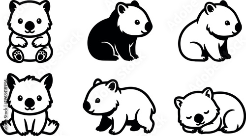 Cute panda cubs in playful cartoon line art set