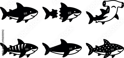 Vector sharks lineup hammerhead silhouettes in black and white