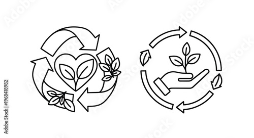 Recycling and environmental care icons with plant life linear silhouette