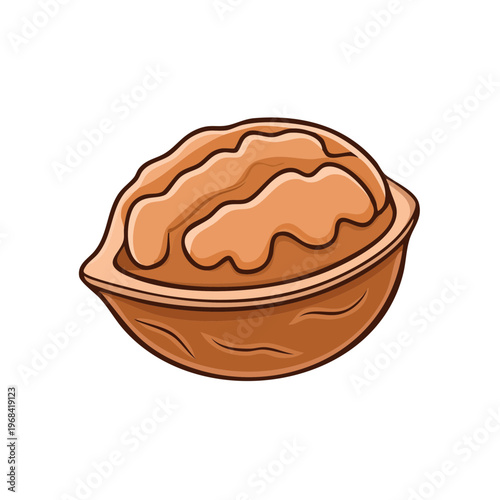 Stylized cartoon illustration of a single brown walnut with a textured kernel in its shell