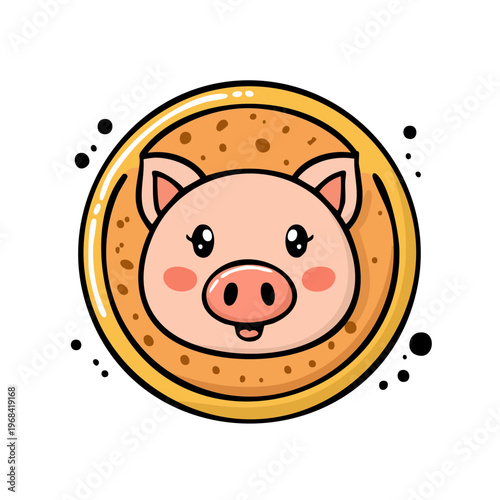 Cute cartoon pig face inside a golden coin, whimsical illustration of good luck symbol