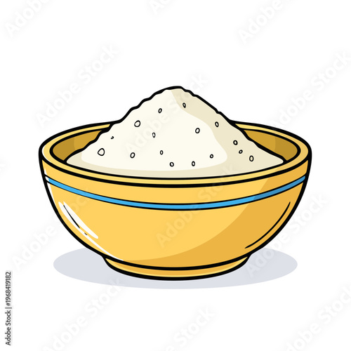 Hand drawn illustration of a yellow bowl overflowing with white granulated sugar