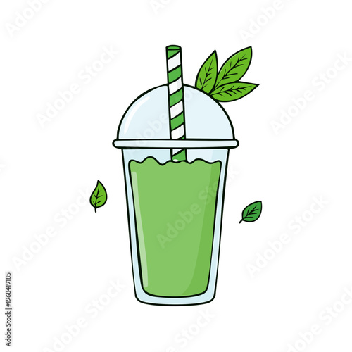 Refreshing green smoothie in a clear plastic cup with a striped straw and fresh leaves