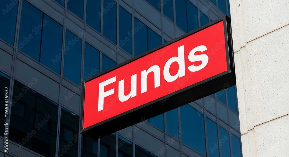 Fototapeta premium Red Funds Sign Illuminated Against A Modern Office Building Facade