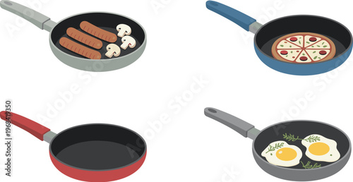 Frying pan vector illustration, sausages mushrooms pizza eggs cooking design, kitchen cookware food icons, culinary art, meal preparation graphic collection