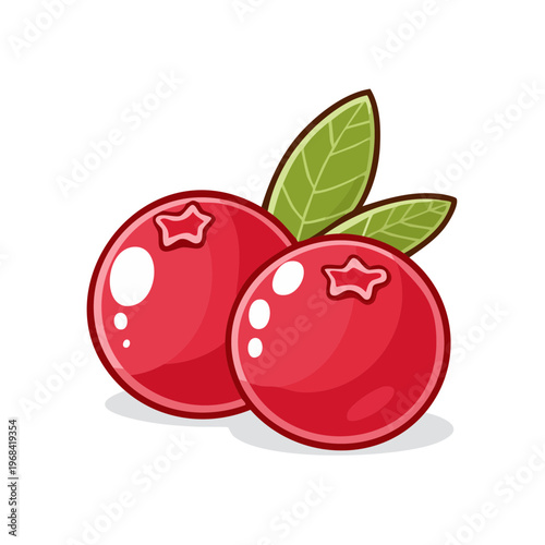 Two juicy red cranberries with green leaves illustration perfect for healthy food and seasonal recipes