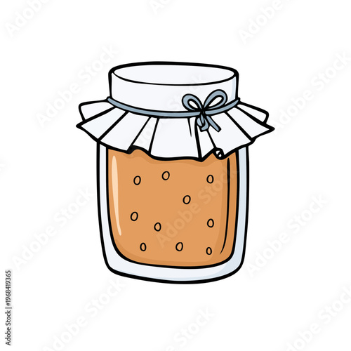 Hand drawn jar of preserves with fruit pieces and decorative cloth lid tied with ribbon