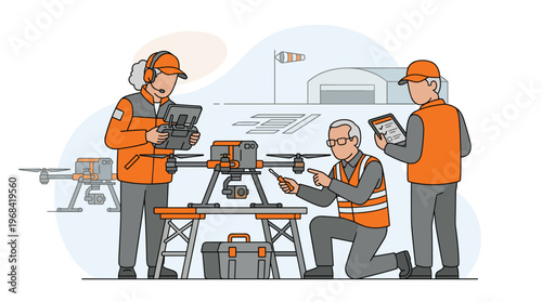 A dedicated team of three engineers meticulously inspects and repairs a sophisticated quadcopter drone on a workbench within a professional airfield maintenance area.