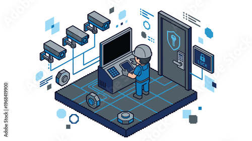 A security technician in an isometric pixel art environment diligently monitors a network of CCTV cameras from a central console to protect a high-security door.