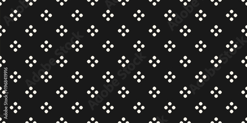 Black and white minimalist seamless pattern. Vector polka dot geometric texture. Abstract background with small circles, dots, simple floral silhouettes. Dark monochrome surface. Repeated design