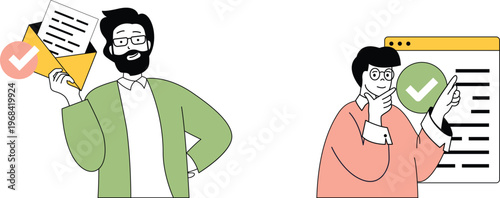 Two professionals verifying documents and digital forms with approval symbols nearby