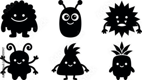 Vector line art six monster silhouettes in bold black