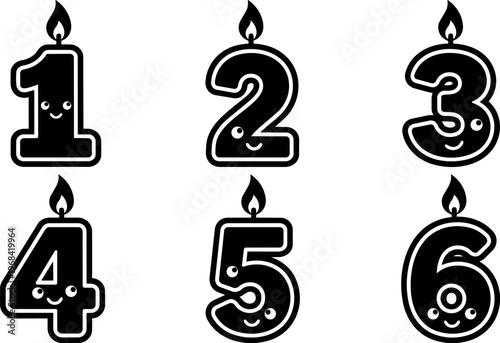 Vector line art cheerful candle numbers one to six