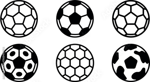 Vector line art soccer ball icons set of six designs in black and white