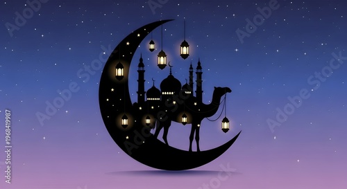 Ramadan, crescent moon, camel silhouette, night sky, Islamic decoration