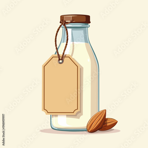 fresh almond milk glass bottle with blank hanging tag for healthy lifestyle blogs, vegan recipe websites, dairy free product branding, and nutritional education posters, with copy space