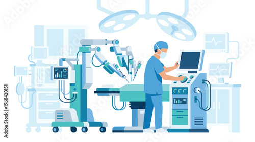 A skilled surgeon in a sterile operating room uses an advanced console to perform a minimally invasive procedure with a sophisticated medical robotics system.