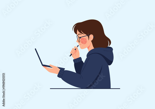 Young woman with glasses working on laptop and holding pen, flat vector illustration of female freelancer or student studying online, creative concept of remote work