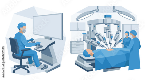A split-screen vector illustration contrasts a surgeon operating a remote console with the robotic arms performing a precise medical procedure on a patient.