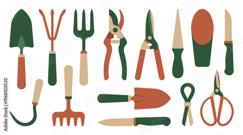 A diverse collection of essential gardening tools including trowels, forks, and pruners is carefully laid out in an organized flat lay composition on a clean isolated backdrop.
