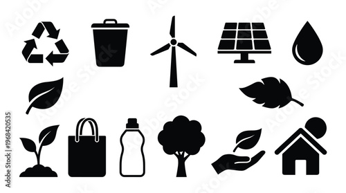 A bold collection of solid black silhouette icons representing ecology and recycling concepts is scattered across a clean, minimalist white isolated background for clarity.