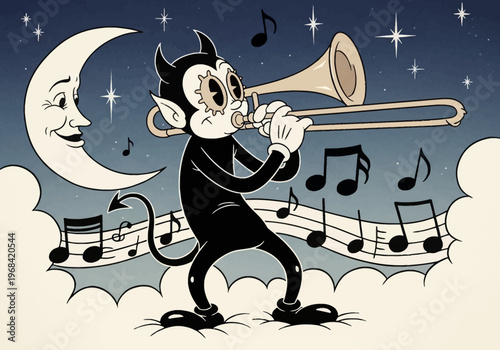 Vintage 1930s Rubber Hose Style Cartoon Illustration of a Little Devil Playing Trombone in the Night Sky with Crescent Moon and Musical Notes