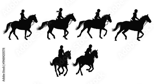 Equestrian riders on horseback in various poses a striking silhouette
