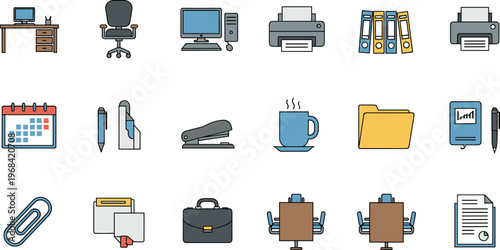 Office Equipment Icon Set Featuring Desk, Computer, Printer, and Stationery for Business, Workplace, and Administrative Themes.