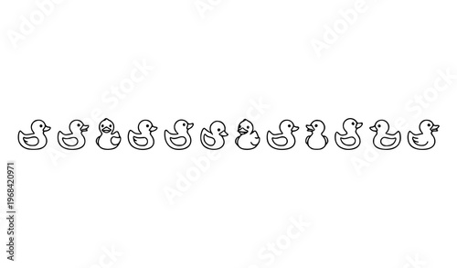 Rubber duck outline icon collection with bath toy symbols in minimal line style isolated on white background