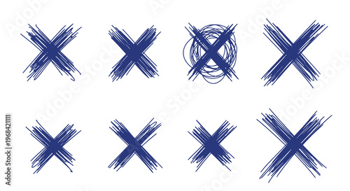 Hand Drawn Scribble Cross Mark Set with Rough X Symbols and Sketch Cancel Elements Isolated on White Background