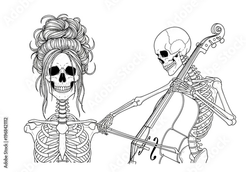 Photography Gothic Line Art Illustration of a Skeleton Playing Cello for a Female Skeleton,