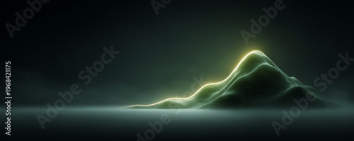 Minimal abstract lime and emerald mountain landscape with glowing light, serene mood, soft mist, smooth texture, dark background