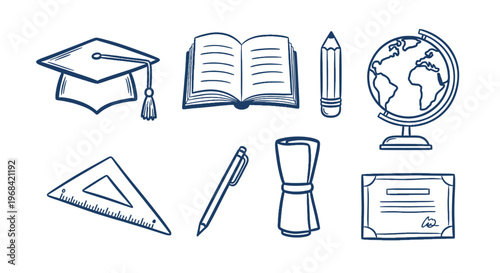 Hand Drawn Education Icon Set with Graduation Cap Book Pencil Globe Ruler Diploma and Certificate Symbols Isolated on White Background