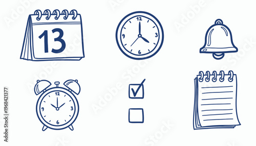 Hand Drawn Time Management Icon Set with Calendar Clock Alarm Bell Checklist and Notepad Symbols Isolated on White Background