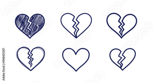 Hand Drawn Broken Heart Icon Set with Outline Love and Heartbreak Symbols Isolated on White Background