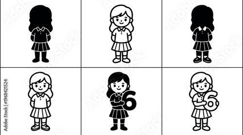 Six cartoon schoolgirls in a grid