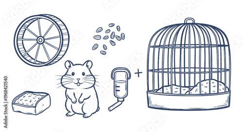 Cute Hamster Care Set with Cage Wheel Food Water Bottle and Seeds Hand Drawn Outline Illustration