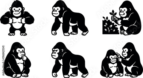 Vector art gorilla silhouettes in six black and white poses