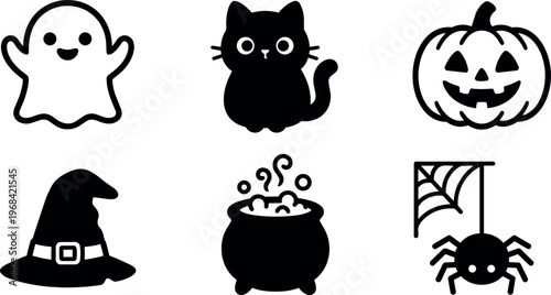 Vector art halloween icons ghost cat pumpkin witch hat cauldron spider