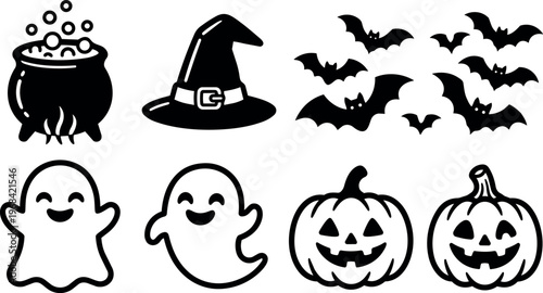 Vector art halloween icons ghost witch hat and pumpkins
