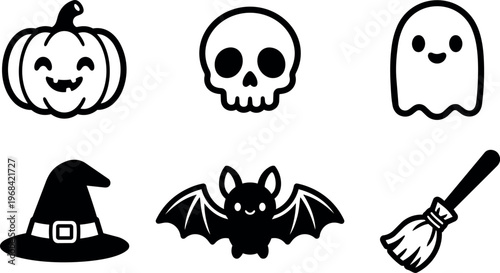 Vector halloween icons pumpkin skull ghost witch hat bat broom line art