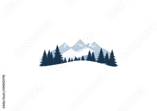  Montañas con pinos en composición simple y colores suaves.
