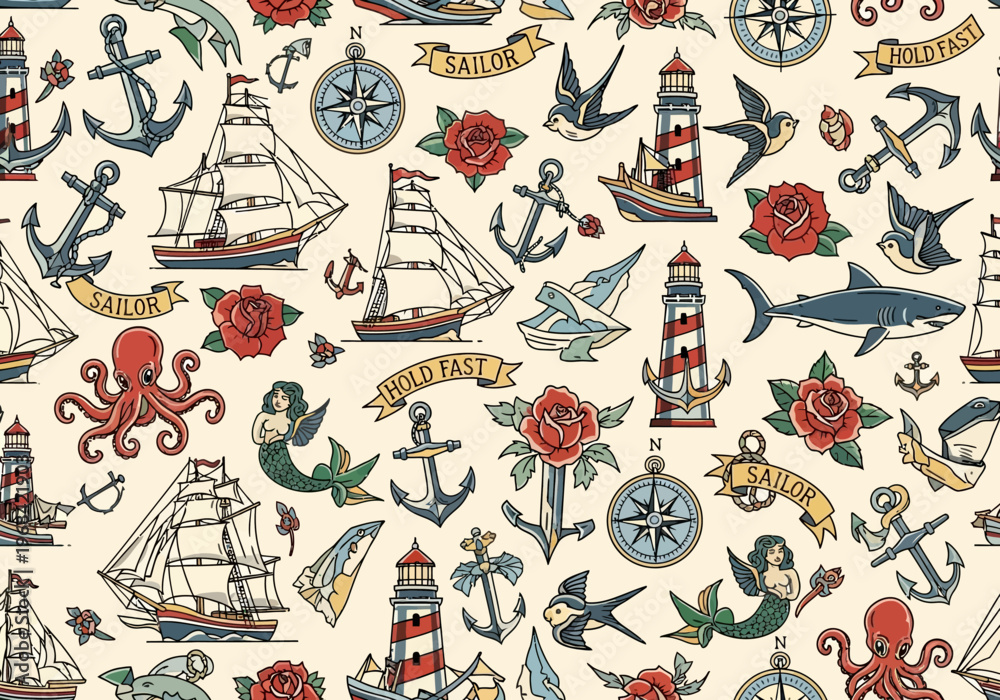 Naklejka premium Vintage Old School Sailor Tattoo Seamless Pattern with Nautical Icons like Anchors, Ships, and Lighthouses