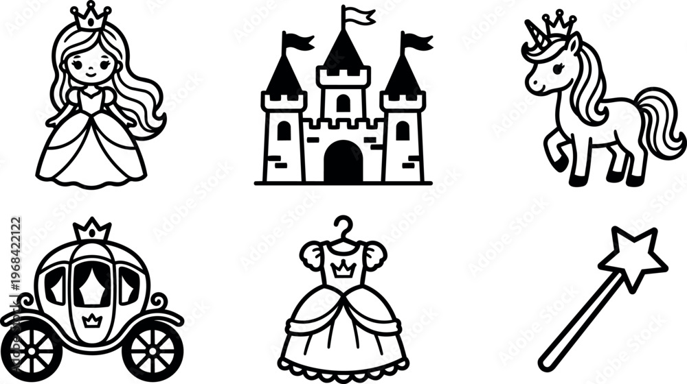 Obraz premium Princess castle unicorn carriage dress and wand line art icons