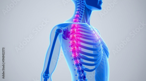 A medical illustration of a human skeleton with a highlighted spine and ribcage in blue and pink hues