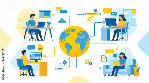 A globally connected remote team collaborates effectively from different locations, linked to a central globe in a vibrant and dynamic flat vector illustration.