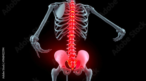 A medical illustration of a human skeleton with a highlighted spine and pelvis.