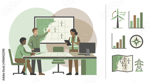 A diverse team of engineers meticulously plans a new offshore wind farm project around a large table with maps and charts in a modern flat illustration style.