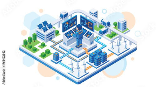 A skilled operator manages a complex smart city infrastructure from a central control hub, overseeing renewable energy sources like wind and solar power systems.